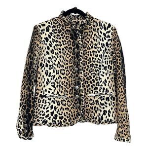Peck & Peck Women's Leopard Print Brown Blazer 8 Jacket Ruffle Trim